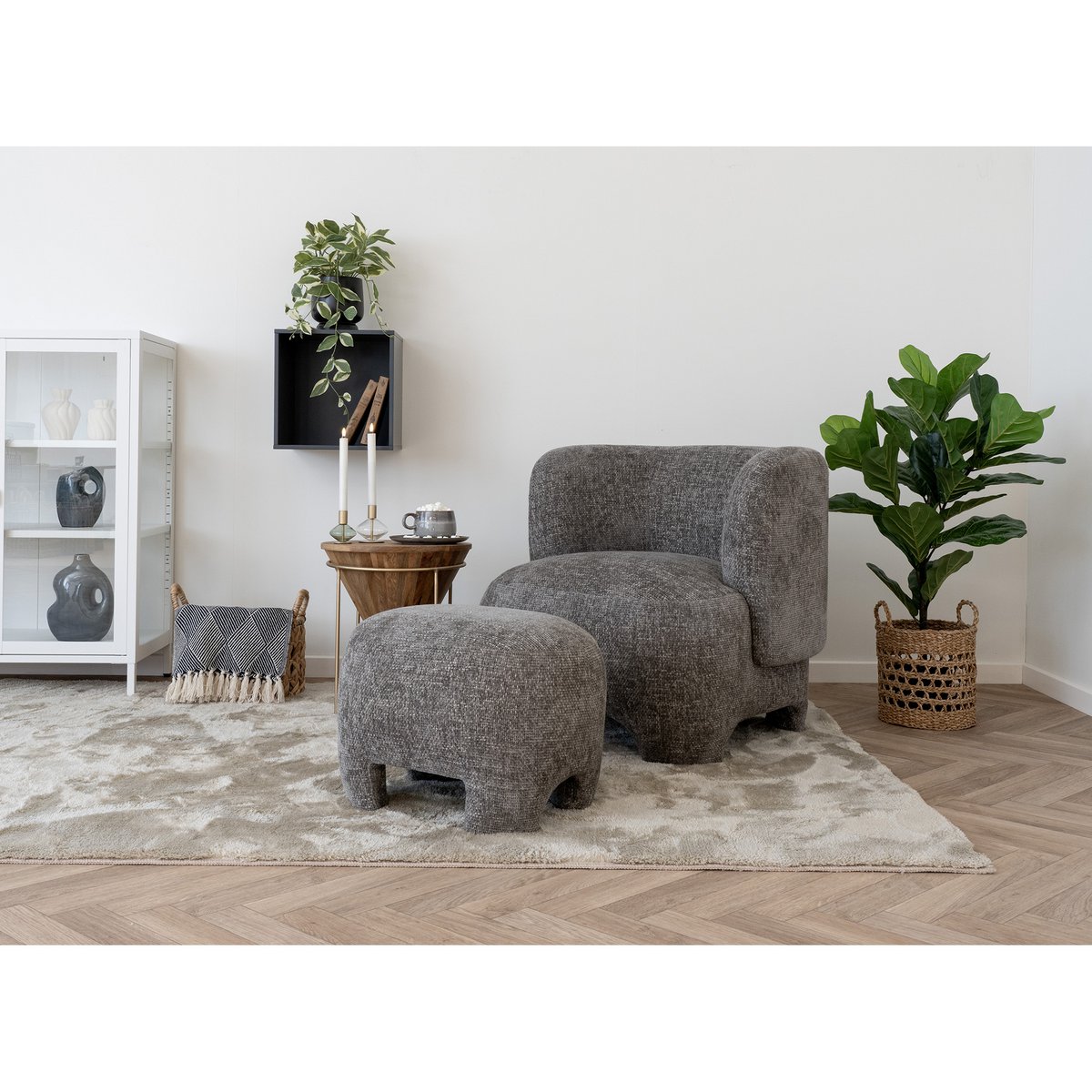 Nazare Pouf - Beige, polyester/schuim/multiplex, 53x41x38 cm
