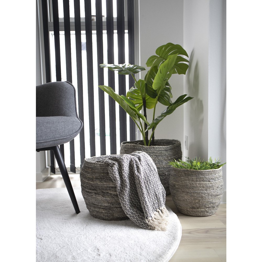 Tivoli Manden - Grijs, Maïsblad, 33x33x30 cm - Set van 3